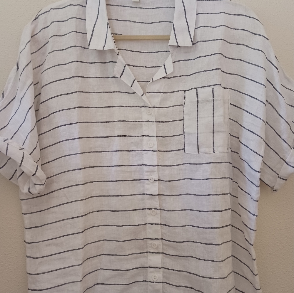 Garnet Hill 16 46" 100% Linen Top Button Down Striped Black White Shirt Front P